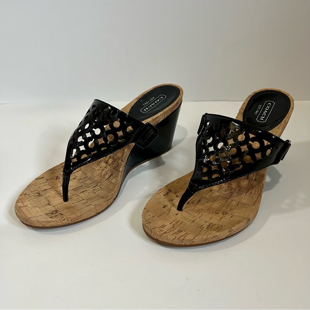 Women’s Coach Black Brookk OP Art patent leather wedge heels shoes. Size 8. - Picture 2 of 11